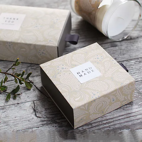 Vintage Damast Papier Geschenkbox Quadratische Schublade Verpackungsbox Mit Bandgriff Für Hochzeit Party Schmuck Handgemachte Seife