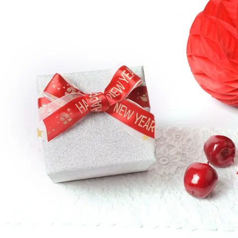 Happy New Year Polyester Satin Ribbon Gold Stamping Snowflake Star Pattern For Festive Gift Wrapping Christmas Party Decoration