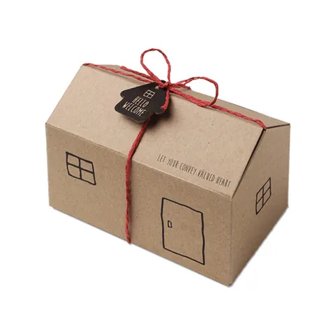 Creative House Shape Gift Box Kraft Paper Candy Cookie Packaging For Bakery Wedding Party Favor With Rope And Tag
