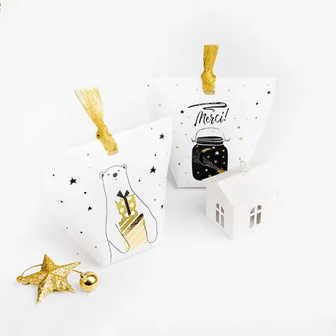 Christmas Gift Boxes Gold Stamping Cardboard Candy Boxes With Ribbon For Party Favors Wedding Gift Wrap Small Folding Paper Box