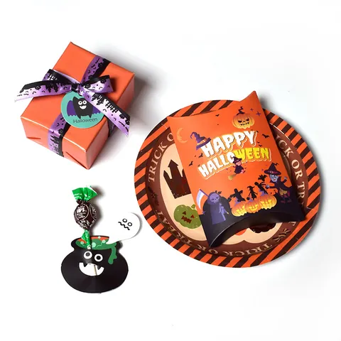 Halloween Party Faltbare Kissenform Papier Süßigkeiten Geschenkschachteln Mit Kürbis Geist Illustration Muster Für Partyzubehör