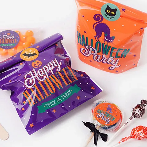 Halloween Candy Bags Plastic Treat Bags With Ribbon Drawstring Pumpkin Ghost Black Cat Pattern For Party Favor Gift Bags