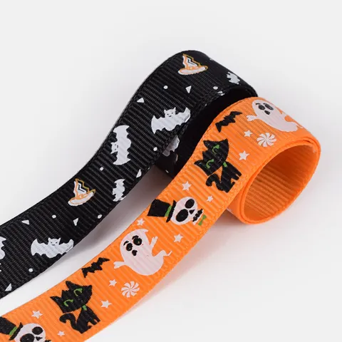 Halloween Grosgrain Ribbon Polyester Printed Bat Ghost Pumpkin Skull Patterns For Gift Wrapping DIY Craft Party Decor