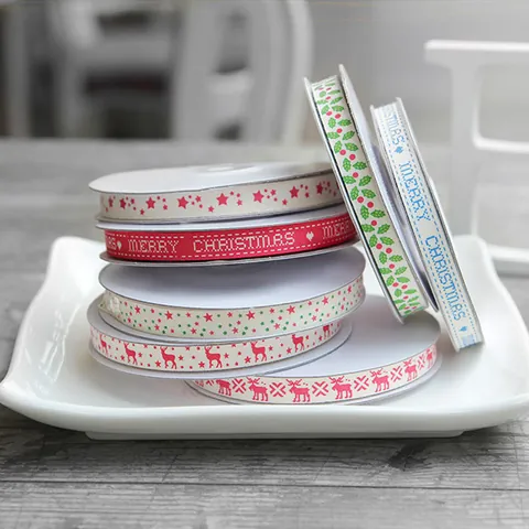 Christmas Grosgrain Ribbon With Merry Christmas Print Elk Star Holly Patterns For Gift Wrapping DIY Craft Holiday Decor