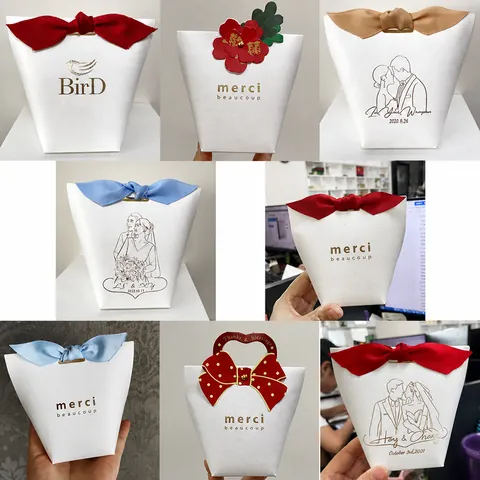 Elegant Merci Beaucoup Gift Paper Bags With Satin Ribbon Bow For Wedding Party Favor Packaging Korean Style Candy Gift Box