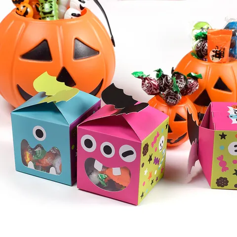 Halloween Monster Candy Box Paperboard Trick Or Treat Gift Box With Bat Wings Transparent Window For Party Favors Kids