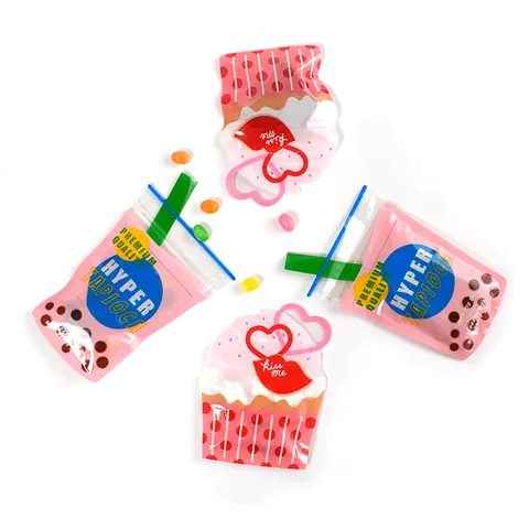 Creative Cartoon Milk Tea Cupcake Shape Plastic Self Sealing Bags Irregular Gift Packaging Bags For Candy Jewelry Party Favors