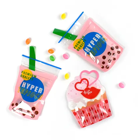 Creative Cartoon Milk Tea Cupcake Shape Plastic Self Sealing Bags Irregular Gift Packaging Bags For Candy Jewelry Party Favors