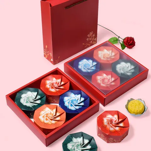 Ensemble de Boîtes Cadeau Mooncake Style Chinois Motif Floral Boîte en Papier Pliable Octogonale Avec Sac à Main