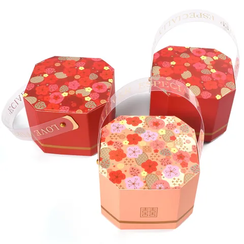 Caja de Caramelos de Boda China Octágono Papel Regalo Con Asa Transparente Estampado en Oro Doble Felicidad Patrón de Flores