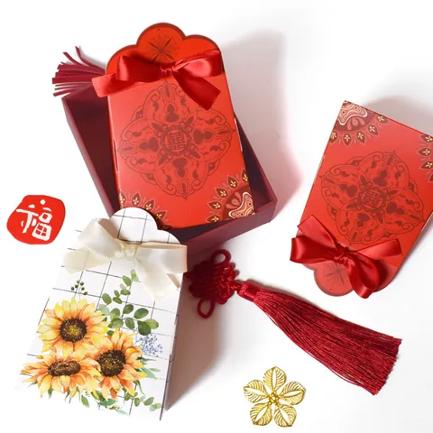 Wedding Candy Box Chinese Traditional Red Double Happiness White Sunflower Gift Box With Satin Ribbon Party Favor Box