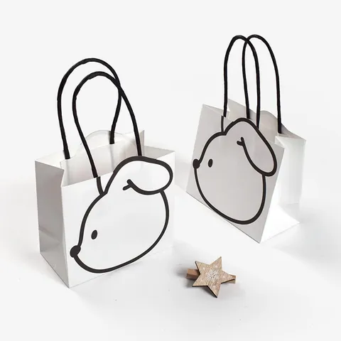 Borsa a Mano in Cartoncino Bianco Con Disegni di Coniglietto e Cucciolo Minimalisti Manico in Corda Confezione Regalo Festa