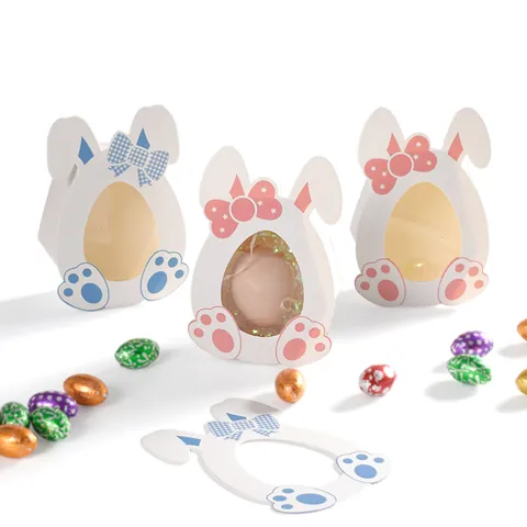 Boîte à Bonbons Lapin Dessin Animé de Pâques Boîte Cadeau en Carton Blanc DIY Pliable Avec Fenêtre en Forme d'Oeuf Transparente pour Décoration de Fête