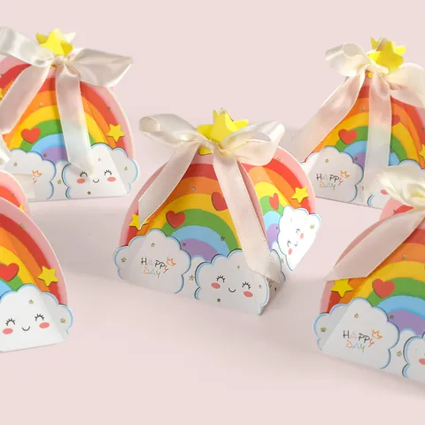 Süße Dreieck Regenbogen Wolke Papier Geschenkbox Mit Satin Bandschleife Für Geburtstag Party Hochzeit Candy Verpackung Bedarf