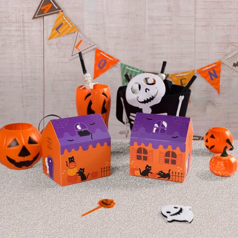 Halloween Geschenkbox Hausform Süßigkeiten Kekse Verpackung Box Mit Cartoon Kürbis Geist Mustern Feiertag Party Zubehör