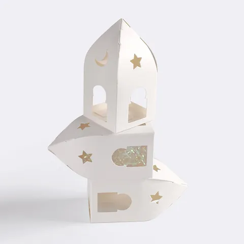 Boîte Cadeau Blanche Forme de Maison avec Étoiles et Lune Ajourées pour Bonbons Biscuits Bougie Parfumée Emballage de Fête Ramadan
