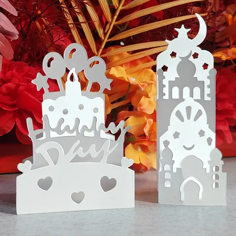3D Pop Up Greeting Card Laser Cut Hollow Birthday Cake Ramadan Castle Silhouette White Cardstock Atmosphere Party Decor