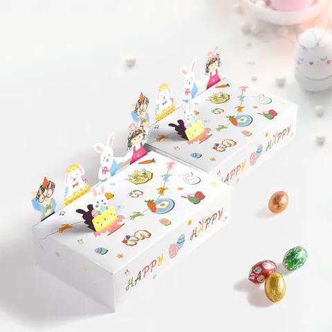 Boîte Cadeau Pop-up 3D Animaux de Pâques Motif Lapin Œuf Dessin Animé Pour Bonbons Anniversaire Cadeau de Fête Boîte Pliante en Carton Blanc