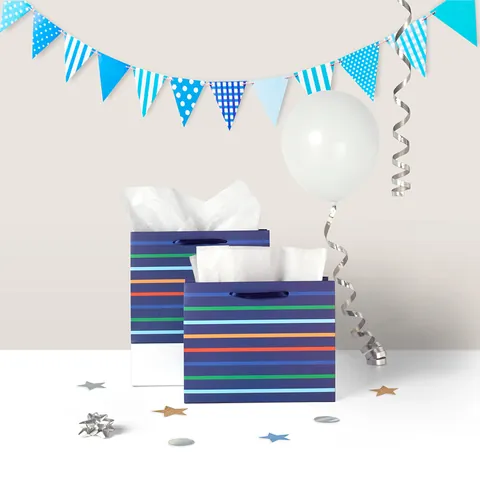 Navy Blue Rainbow Striped Paper Gift Bag With Ribbon Handle Horizontal Cardboard Bag For Party Wedding Business Shopping