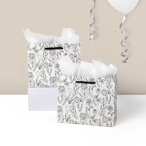 Bolsa De Regalo Minimalista De Cartón Blanco Con Patrón De Arte De Línea Floral Y Forro De Lunares Para Boda Y Fiesta