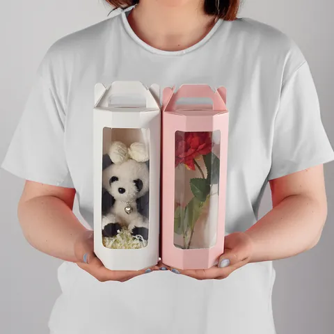 Portable Hexagonal Window Gift Box For Flowers Plush Toy Packaging Cardboard Folding Handle Party Favors Wrapping Box