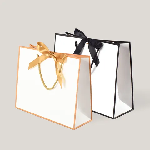 Elegant White Paper Gift Bags With Satin Ribbon Bow Gold Black Border Wedding Party Favor Packaging Bags With Handle