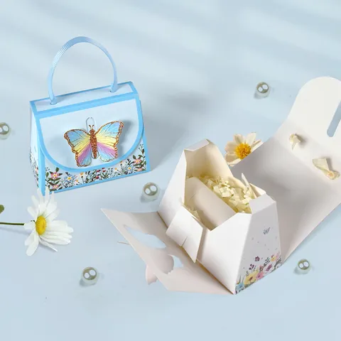 3D Schmetterling Handtaschenform Geschenkbox Weißer Karton Falten Bonbon Verpackungsbox Für Hochzeit Party Blumen Kleine Lippenstift Geschenktüte