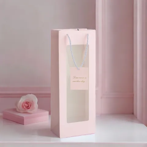 Minimalist Solid Color Gift Bag With Transparent Window Paper Handbag For Wine Flower Gift Wrapping Valentine Birthday Wedding Party