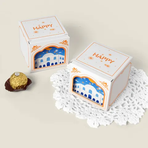 Scatola Regalo Eid Ramadan Mubarak in Cartone Bianco Con Finestra 3D Per Caramelle e Biscotti Con Motivo Moschea Luna e Stelle
