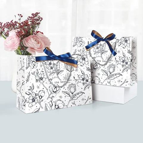Bolsa de Regalo Vintage de Arte de Línea Floral de Cartón Blanco con Lazo de Satén e Impresión de Letras para Boda Fiesta