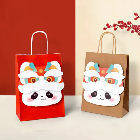 Bolsa de Regalo de Papel Panda Danza del León Bolsa de Embalaje de Caramelos de Mano para Fiesta de Celebración Festiva Con Asas