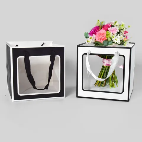 Quadratische Papier Geschenktüte Mit Transparentem Fenster Tragbare Blumen Kuchen Verpackungstasche Weißer Karton Tragetasche