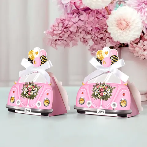 Roze Auto Vorm Papier Cadeaudoos Met Lint Strik Bloemmotief Voor Snoep Lippenstift Verpakking Bruiloft Feest Cadeaudoos