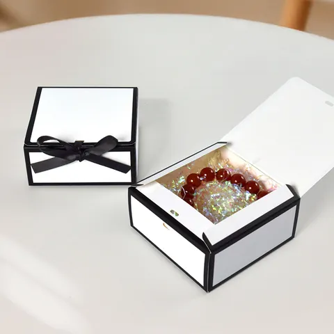 Square Kraft Paper Gift Box With Satin Ribbon Bow Contrast Border Jewelry Packaging Case For Wedding Party Favor Home Storage
