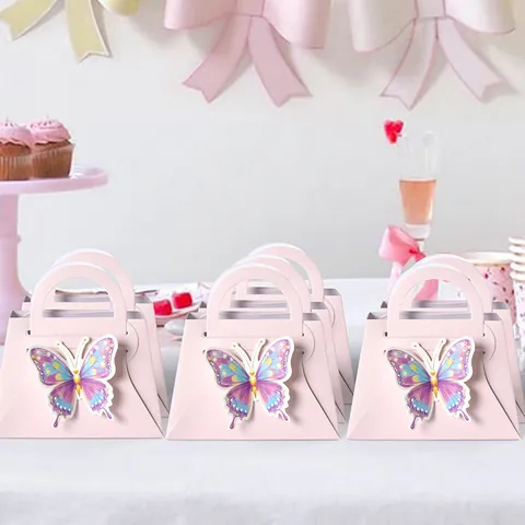 Caja de Regalo de Papel Rosa Creativa Forma de Bolso Con Mariposa 3D Cajas de Dulces para Bodas y Fiestas Empaque