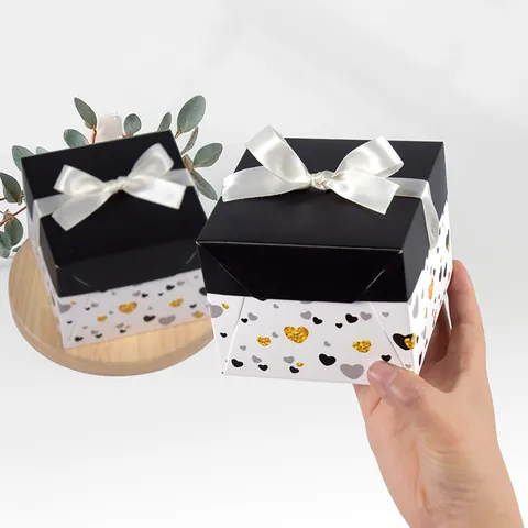 Simple Black White Square Gift Box With White Satin Ribbon Bow And Gold Glitter Heart Pattern For Wedding Birthday Party Favors Packaging