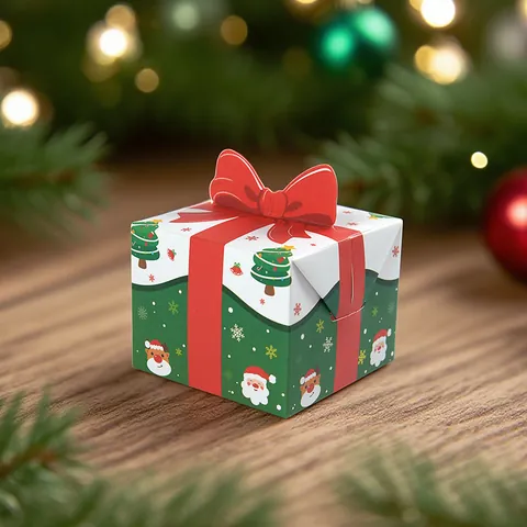 Christmas Small Square Gift Box With 3D Red Bow Santa Reindeer Patterns Festive Party Favor Packaging Cardboard Candy Box