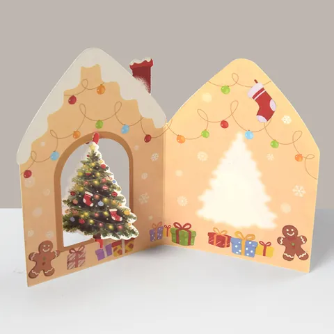 3D Pop-up Christmas Greeting Cards Creative House Shape Cardstock Folding Card With Snowman Gingerbread Man Patterns For Holiday Decoration