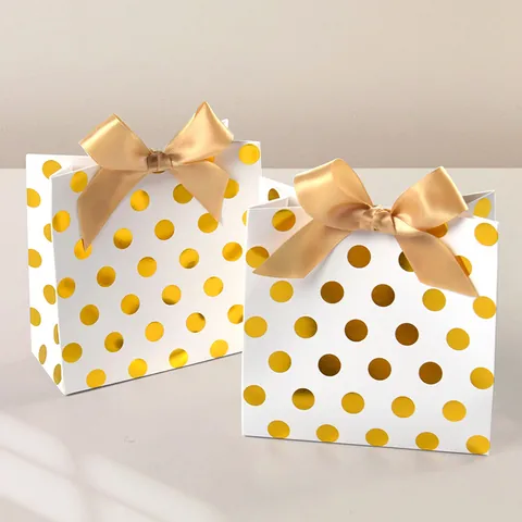 Minimalist White Paper Gift Bags With Gold Polka Dots And Satin Bow Ribbon For Wedding Party Birthday Jewelry Packaging