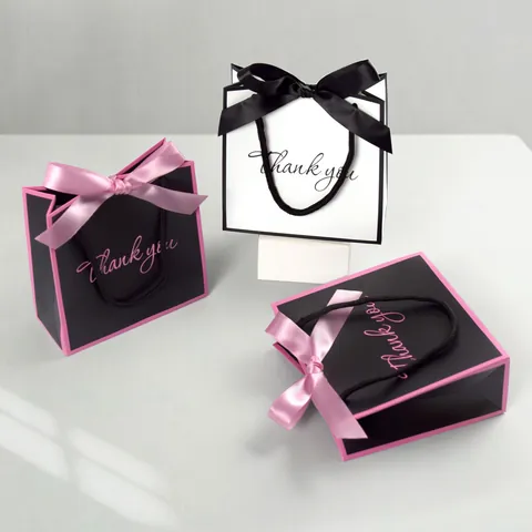 Simple Elegant Paper Gift Bag With Satin Ribbon Bow Thank You Printed White Cardboard Handheld Packaging Bag For Party Wedding