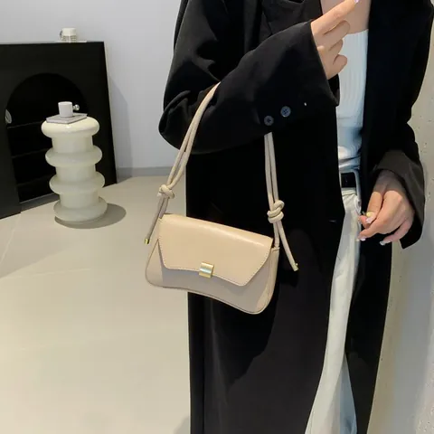 Vintage PU Leather Baguette Bag For Women Minimalist Underarm Shoulder Bag With Knot Strap And Square Metal Buckle Elegant Small Handbag