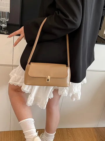 Bolso de Axila de Cuero PU Vintage para Mujer Bolso de Hombro Baguette Minimalista con Cierre de Metal Dorado