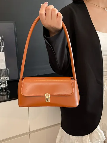 Bolso de Axila de Cuero PU Vintage para Mujer Bolso de Hombro Baguette Minimalista con Cierre de Metal Dorado