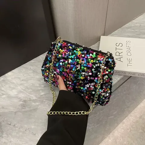 Borsa a Spalla con Paillettes alla Moda per Donna Piccola Borsa a Tracolla a Catena Iridescente Borsa da Sera Luccicante Pochette con Paillettes Urbana Minimalista