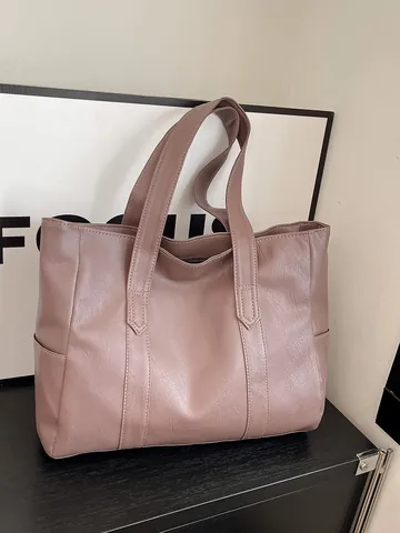 Sac Cabas Femme en Cuir PU Grande Capacité Minimaliste Vintage Texture Litchi Sac à Épaule avec Poches Latérales Pour Bureau