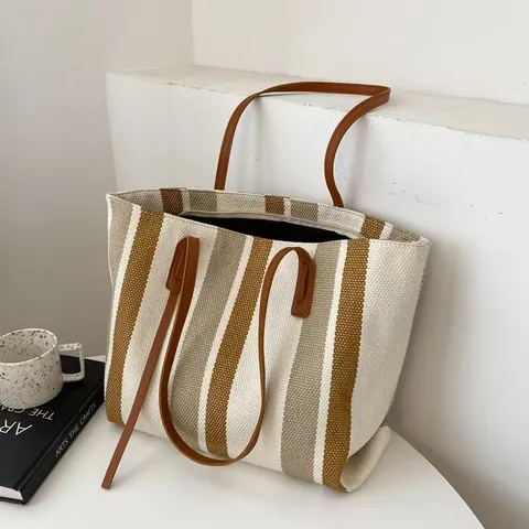 Women Fashion Canvas Tote Bag Large Capacity Vertical Stripes Shoulder Bag Casual Commuter Handbag Stylish Fabric Shopper Bag