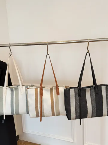 Borsa Tote in Tela da Donna Grande Capacità Semplice a Righe Verticali Borsa a Spalla Con Manici in Pelle PU E Nappine