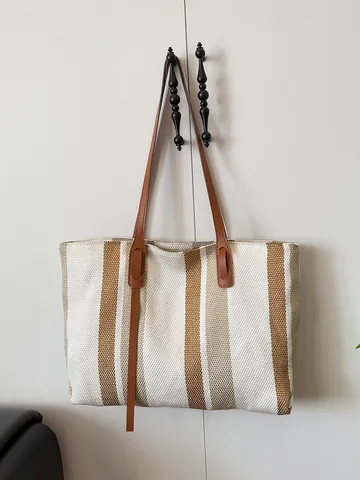 Borsa Tote in Tela da Donna Grande Capacità Semplice a Righe Verticali Borsa a Spalla Con Manici in Pelle PU E Nappine