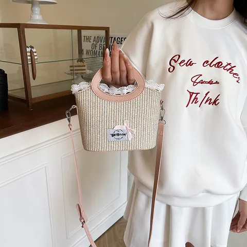 Summer Fashion Lace Straw Woven Bucket Bag For Women Sweet Bow Handbag Round Handle Small Crossbody Shoulder Basket Bag