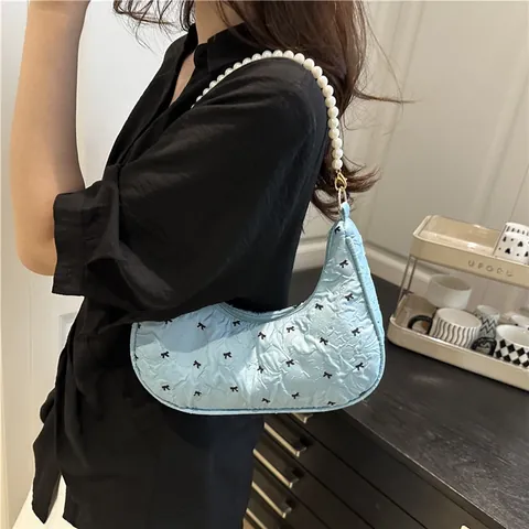 Women Cute Bowknot Quilted Hobo Underarm Bag With Faux Artificial Pearl Chain Handle Small Shoulder Handbag Daily Versatile Purse